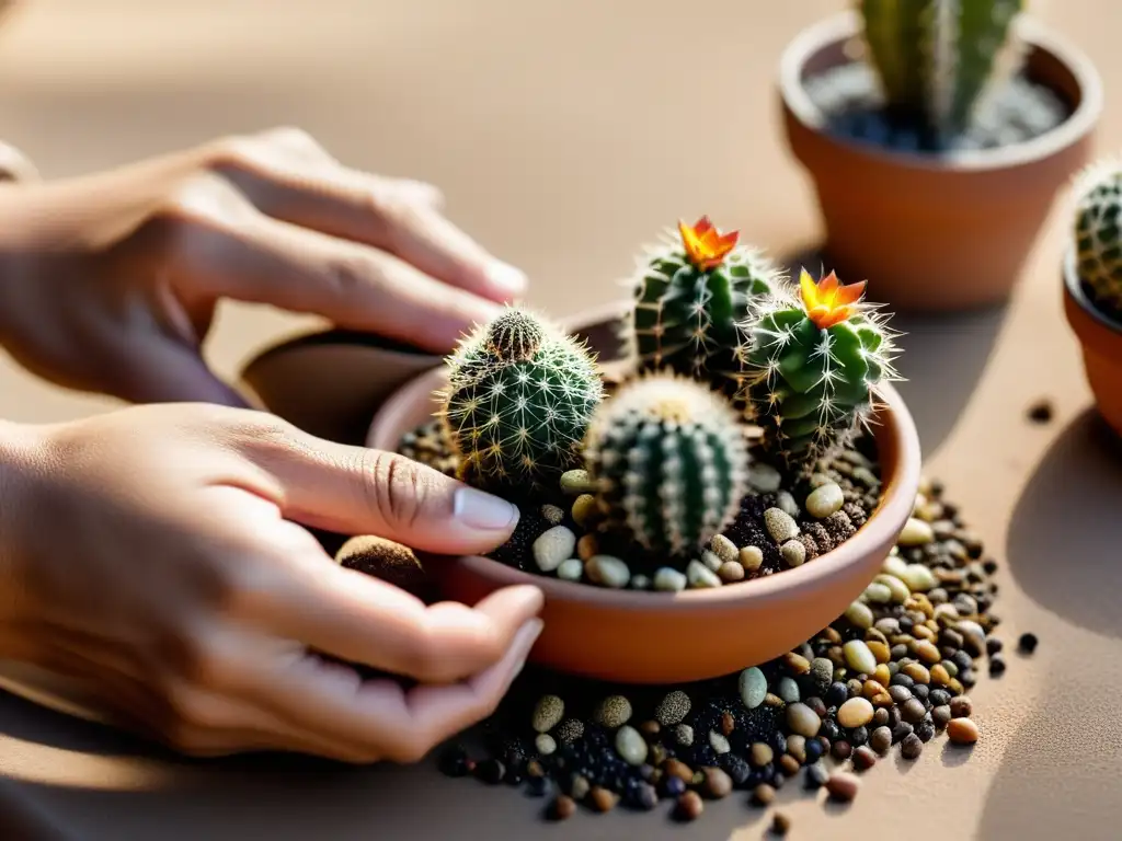 Un cuidadoso proceso de siembra de semillas de cactus exóticos en macetas individuales, con un ambiente de precisión y cuidado