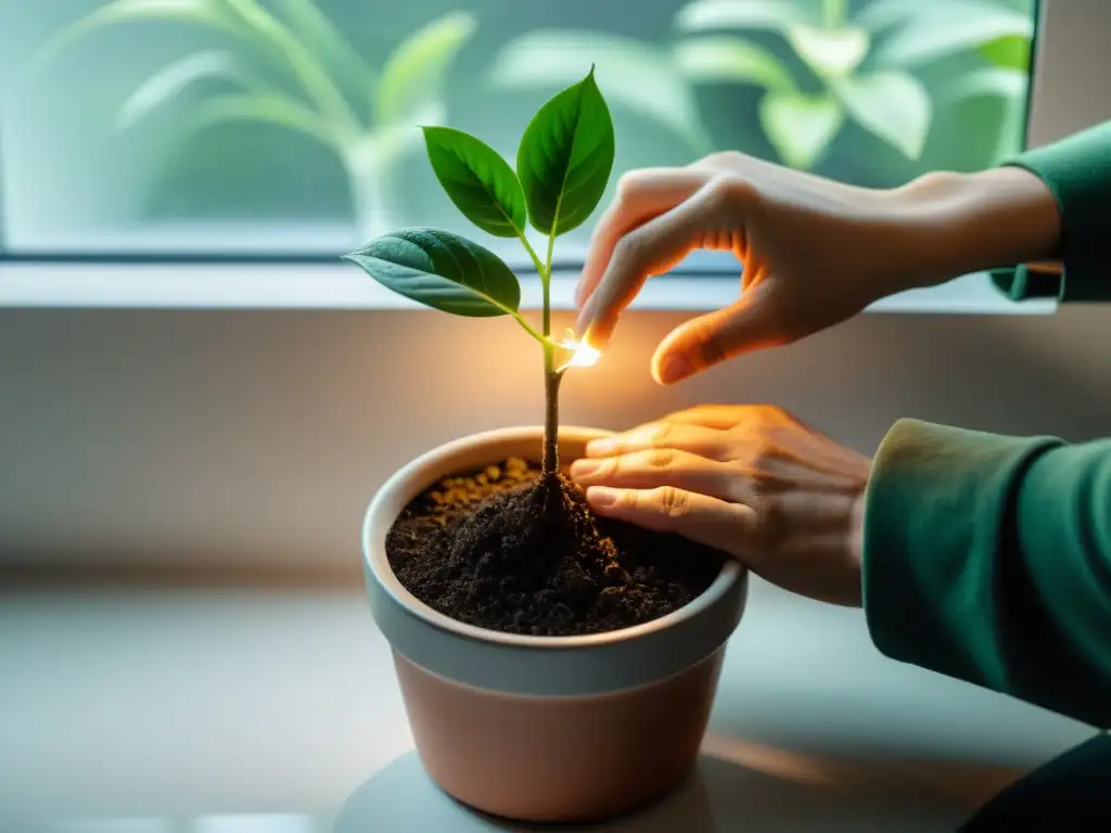 Un cuidadoso trasplante ecológico de planta de interior en una maceta moderna