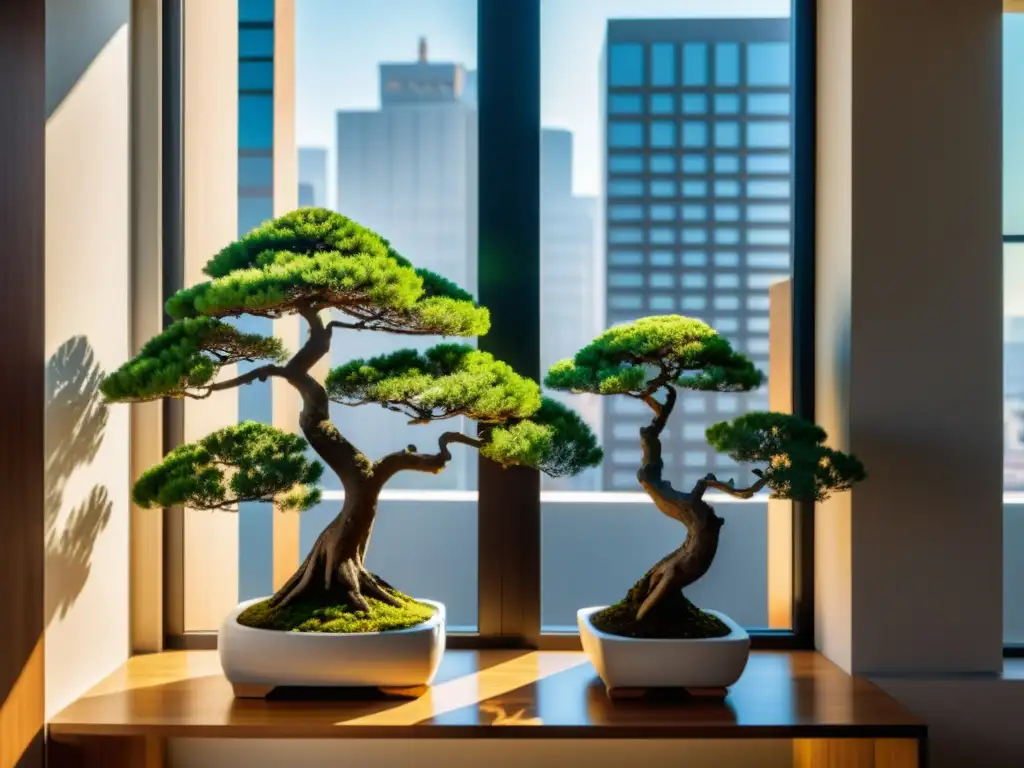 Balcon moderno con bonsáis en 8k Cultivo de bonsáis en apartamento: Balcón minimalista con bonzais vibrantes y skyline urbano al fondo, irradiando armonía y tranquilidad