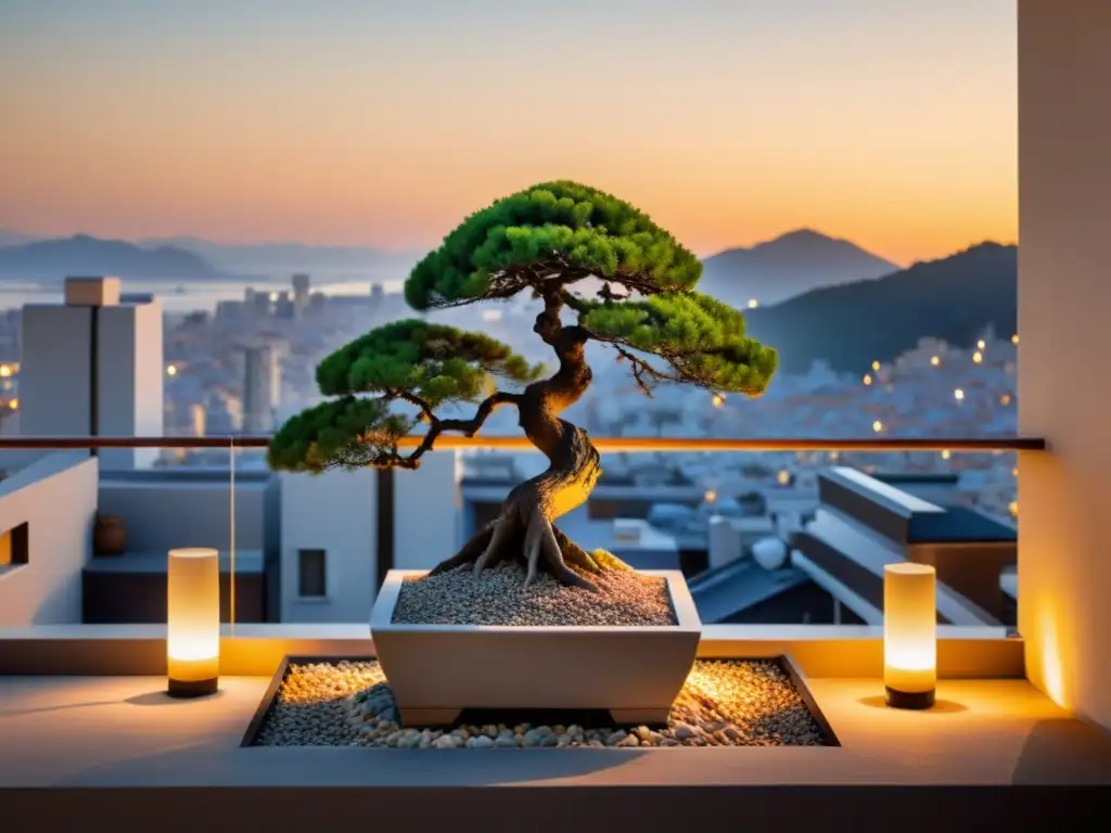 Balcon urbano sereno con bonsái y atardecer Cultivo de bonsáis en apartamento: Balcón minimalista con bonsái, piedras y linternas, vista urbana al atardecer