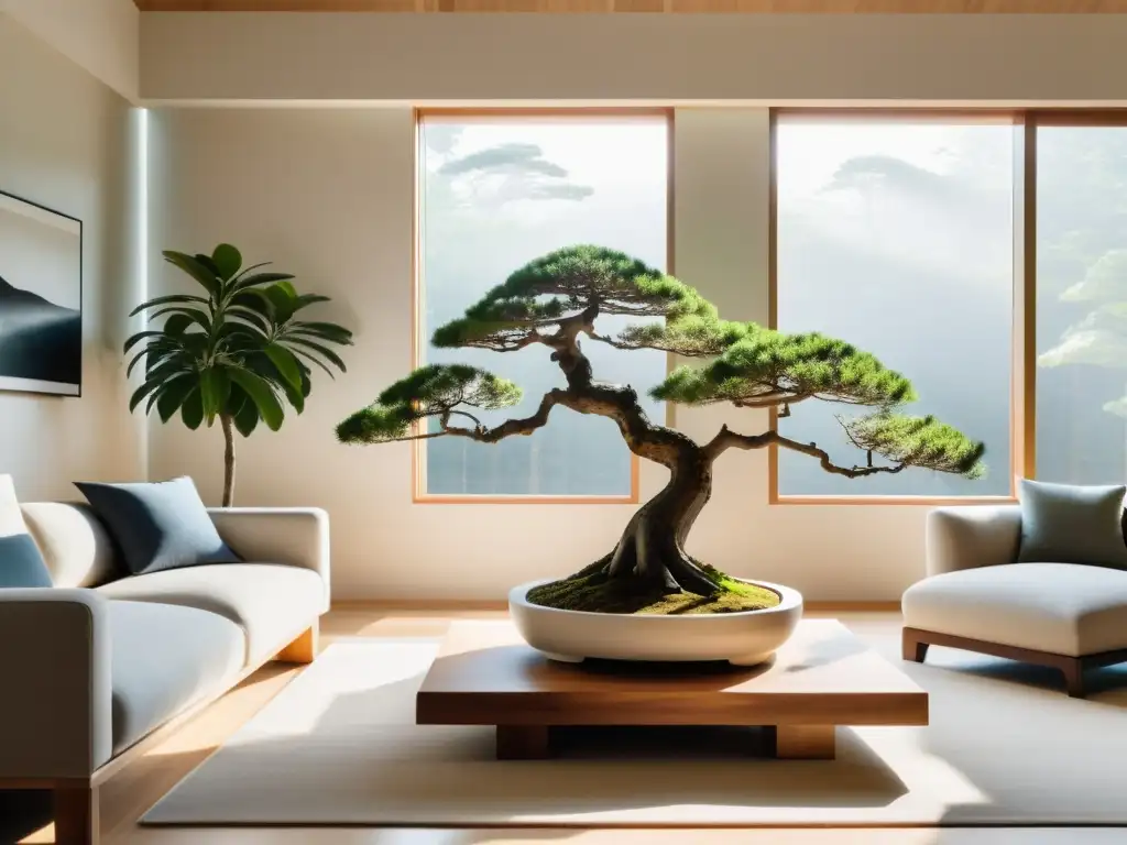 Salón minimalista con bonsáis iluminados por luz natural Cultivo de bonsáis en apartamento: Sala minimalista con bonsáis en soportes modernos, bañada en luz natural y tonos neutros