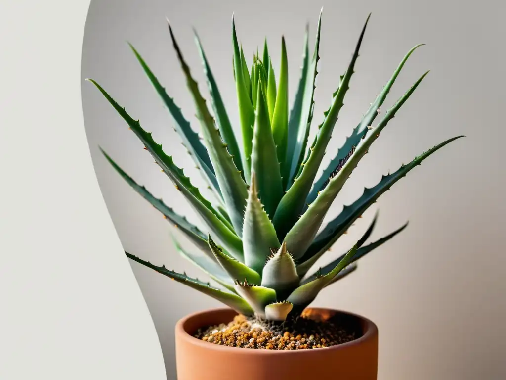 Cultivo de aloe vera en casa: Imagen de un exuberante aloe vera en maceta de terracota, destacando sus detalles y serenidad