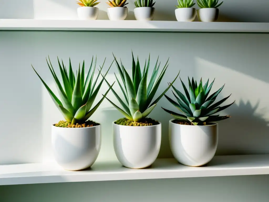 Cultivo de aloe vera en casa: Imagen de jardín interior minimalista con plantas de aloe vibrantes en macetas blancas, bañadas por luz natural