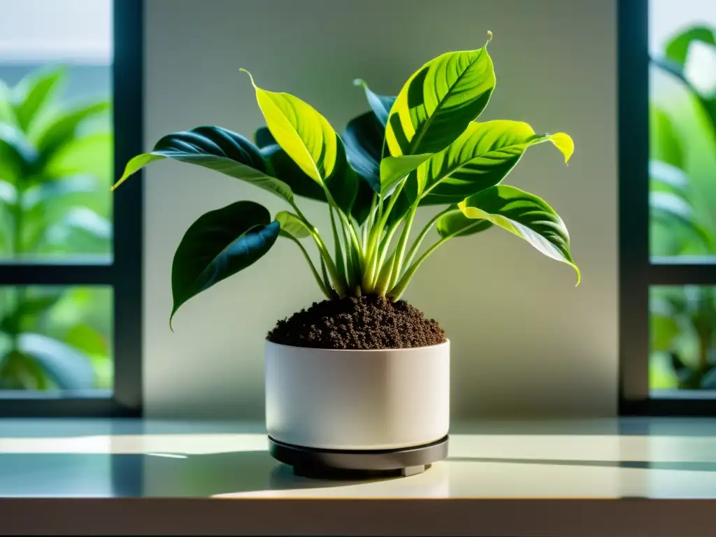 Cultivo de cúrcuma en interiores: Imagen minimalista de una planta de cúrcuma en un elegante macetero blanco, iluminada por luz natural suave