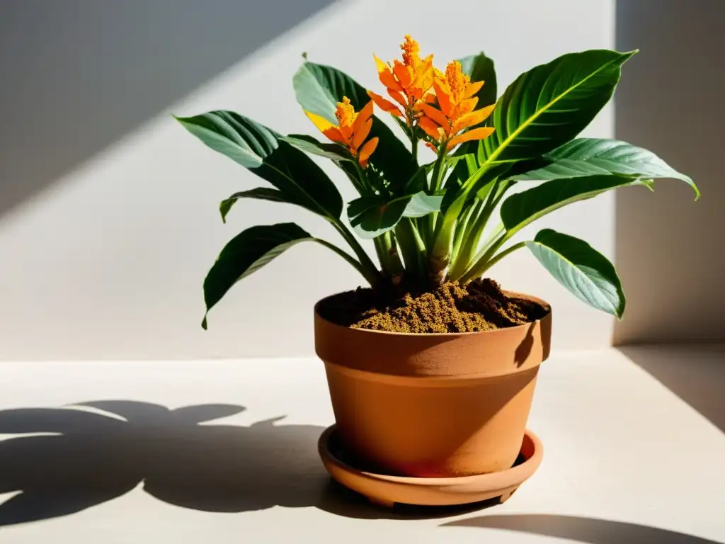 Cultivo de cúrcuma en interiores: Una imagen vibrante de una planta de cúrcuma en maceta, con hojas exuberantes y rizomas de color naranja asomando desde la tierra