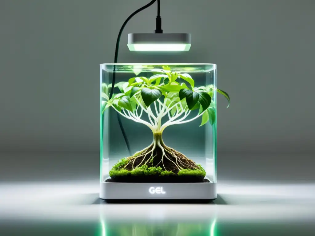 Un cultivo en gel para plantas de interior, con raíces verdes vibrantes suspendidas en un sistema transparente