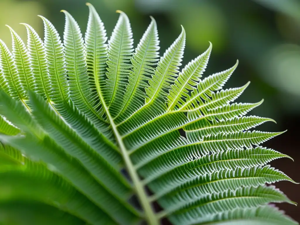 Cultivo de helechos raros en interiores: Detalle de una exquisita hoja de helecho, con patrones intrincados y textura delicada en un verde esmeralda