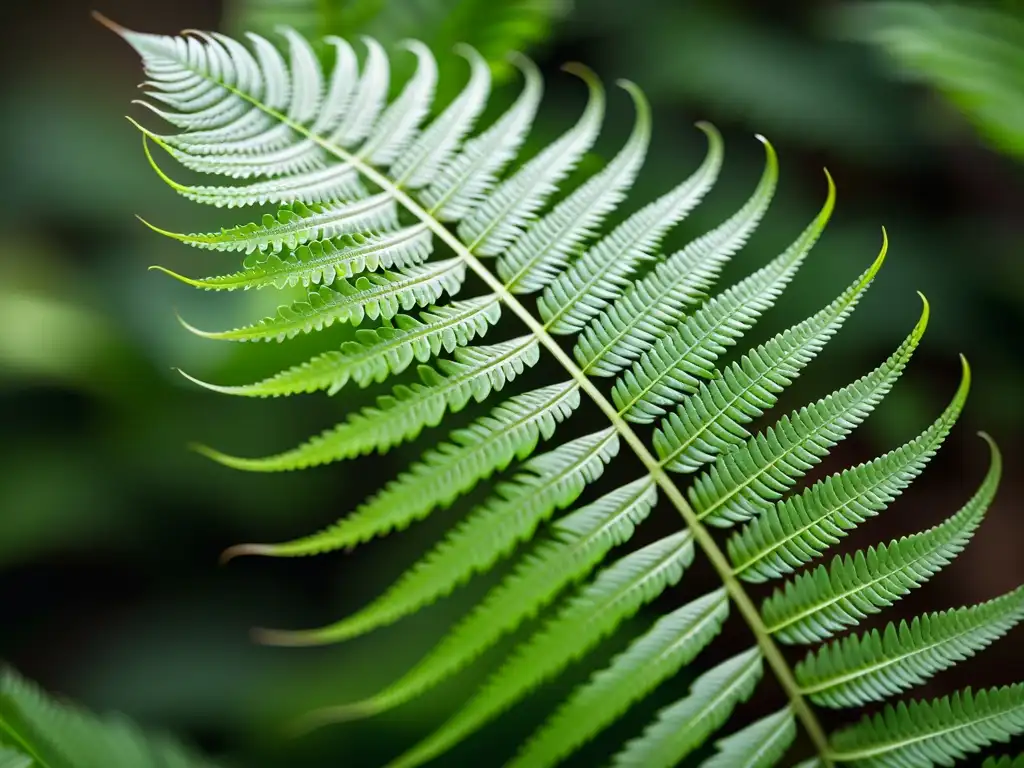 Cultivo de helechos raros en interiores: Detalle de helecho delicado desplegando sus frondas verdes en un fondo suave y difuminado