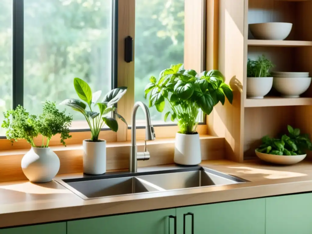 Cultivo de hierbas aromáticas en cocinas pequeñas: Cocina moderna con luz natural, hierbas frescas en la ventana y atmósfera acogedora