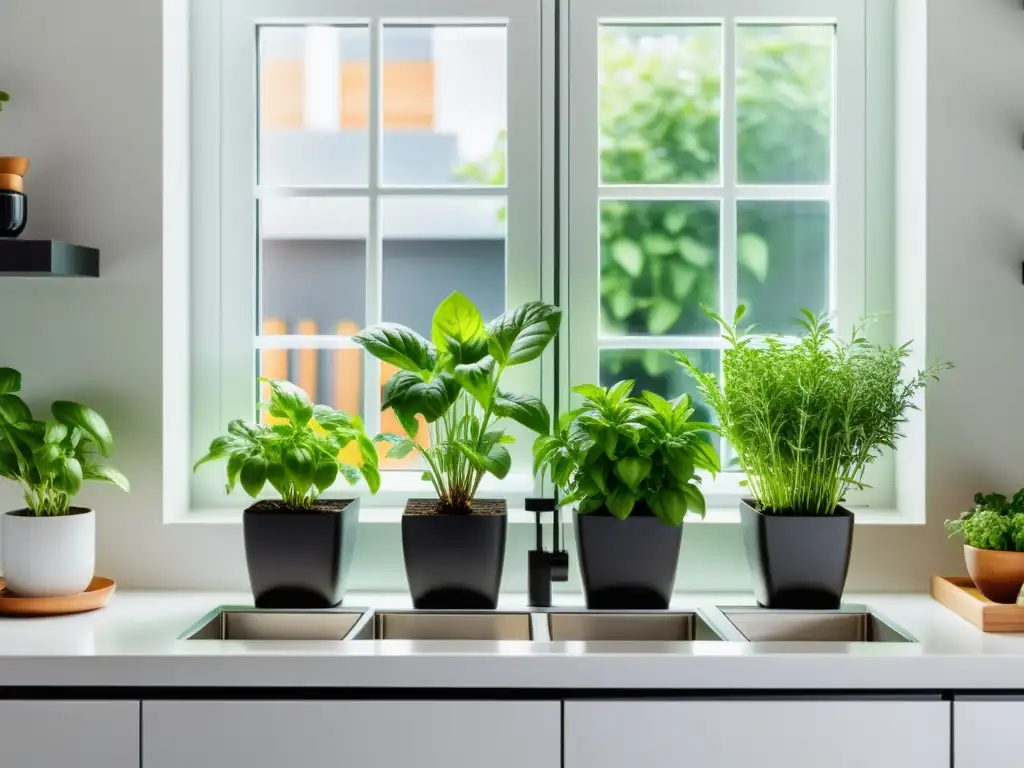 Cultivo de hierbas aromáticas en cocinas pequeñas: Imagen de una moderna cocina con un jardín de hierbas en la ventana, evocando frescura y calma