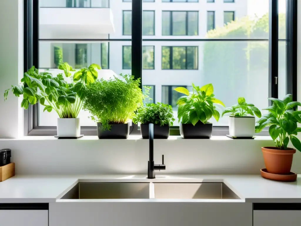 Cultivo de hierbas comestibles en interiores: Encantador jardín de hierbas en moderna cocina blanca, bañado por la luz del sol