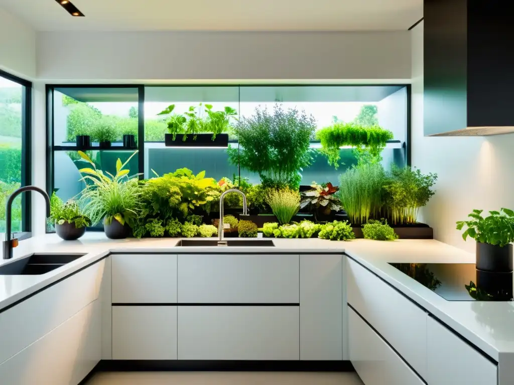 Cultivo de hierbas comestibles en interiores en un jardín moderno y elegante, iluminado por luz natural en una cocina blanca