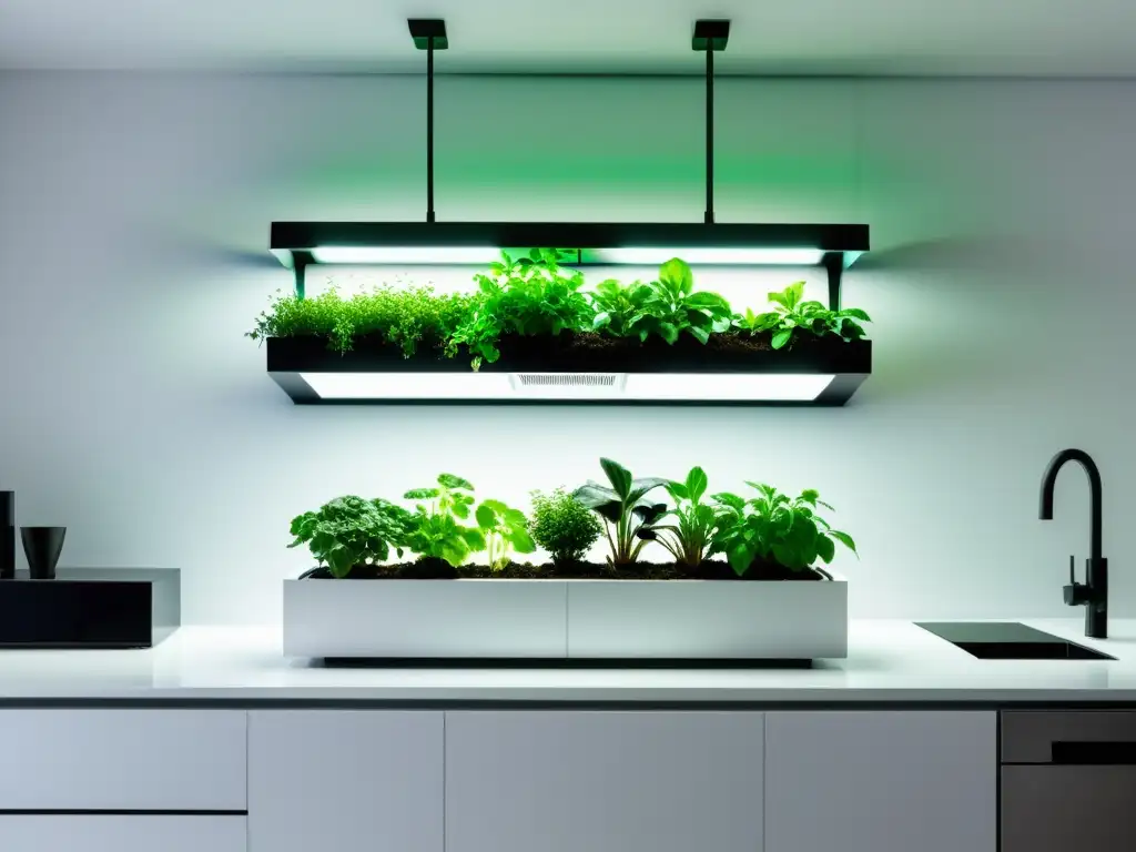 Aeroponía para cultivo interior: ambiente sereno y moderno con sistema aeropónico integrado, luces LED y nebulizadores en un hogar minimalista