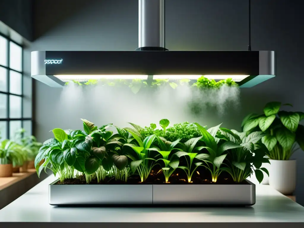 Aeroponía para cultivo interior: un jardín urbano moderno, con plantas exuberantes, sistema aeropónico y diseño minimalista