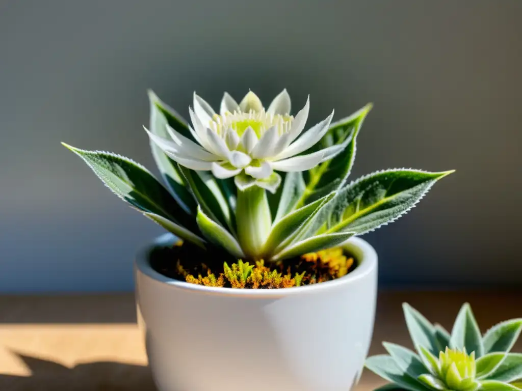 Cultivo de Edelweiss en interiores: Detalle de una elegante planta de Edelweiss en un entorno moderno y sereno, iluminada por luz natural