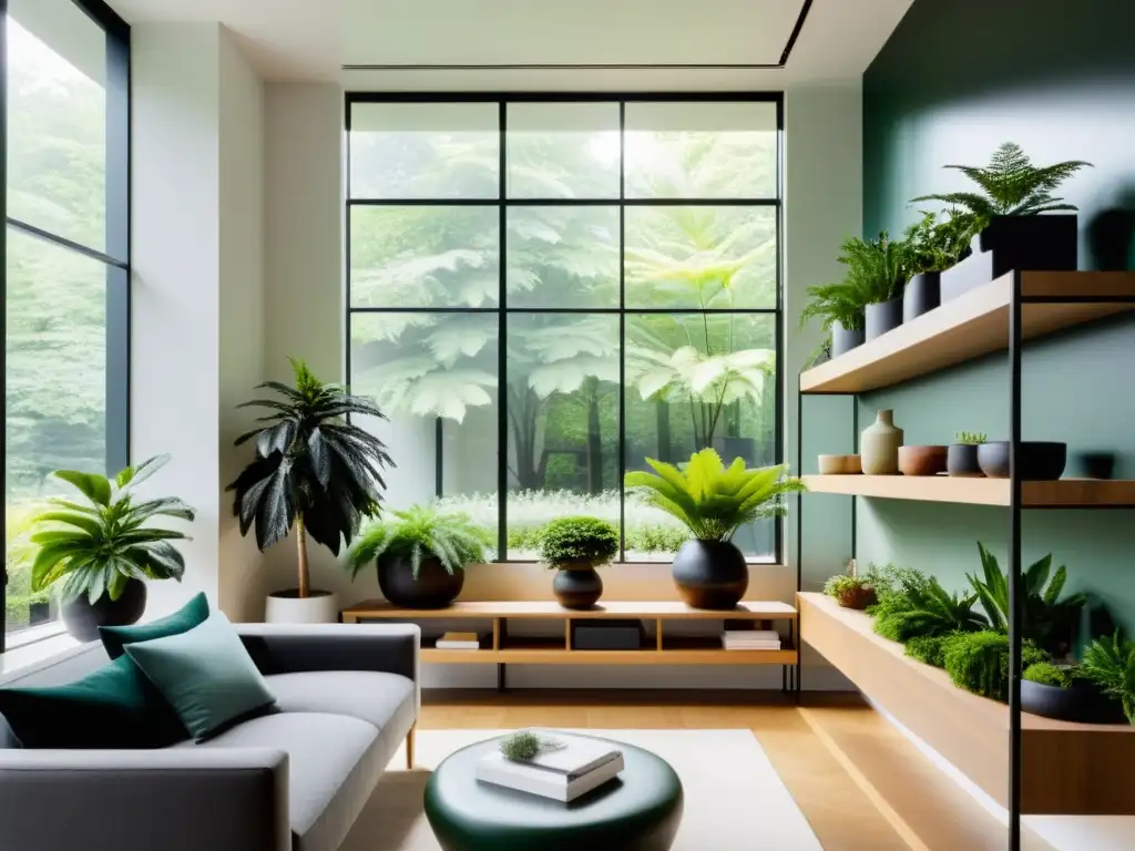 Cultivo de plantas de clima frío en un salón minimalista con ventanales y luz natural suave