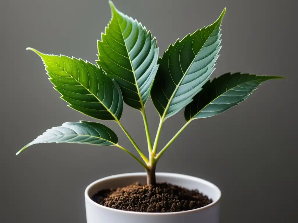 Un cultivo de plantas de neem en interiores: detalle de una exuberante planta de neem en maceta blanca, con hojas verdes brillantes y suelo marrón