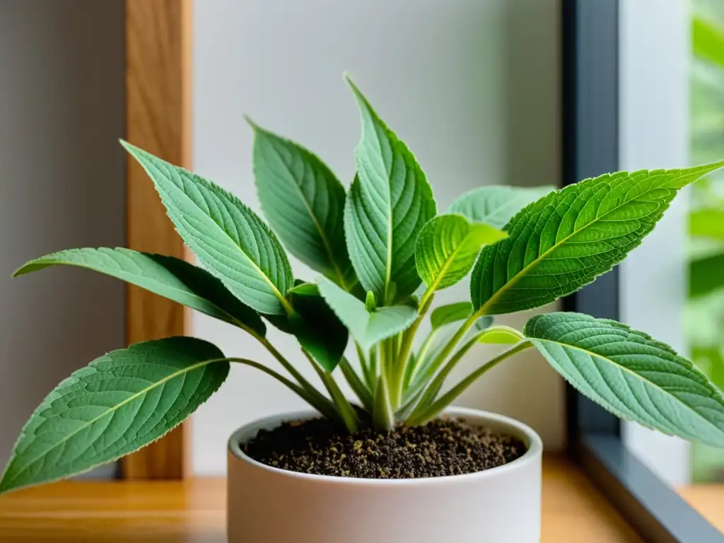 Cultivo seguro de Salvia Divinorum en interiores: Imagen de una planta exuberante bañada en suave luz natural, en un entorno minimalista sereno