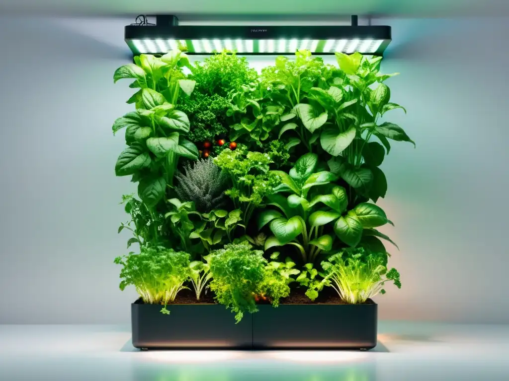 Jardín vertical hidropónico de alta tecnología con vegetales vibrantes en 8K Cultivo de verduras en interiores: impactante jardín vertical hidropónico con lechugas, hierbas y tomates bajo luces LED