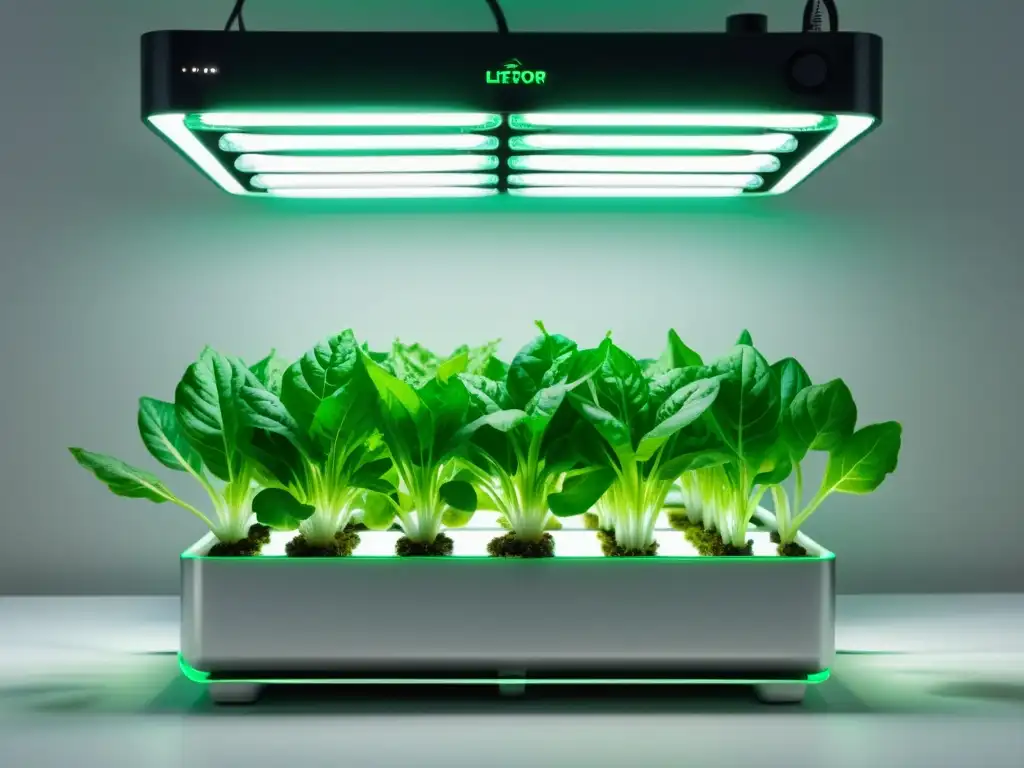 Jardín hidropónico indoor: vegetales vibrantes bajo luz LED Cultivo de verduras en interiores: Jardín hidropónico moderno con lechuga y hierbas vibrantes bajo luz LED suave, en un entorno minimalista futurista