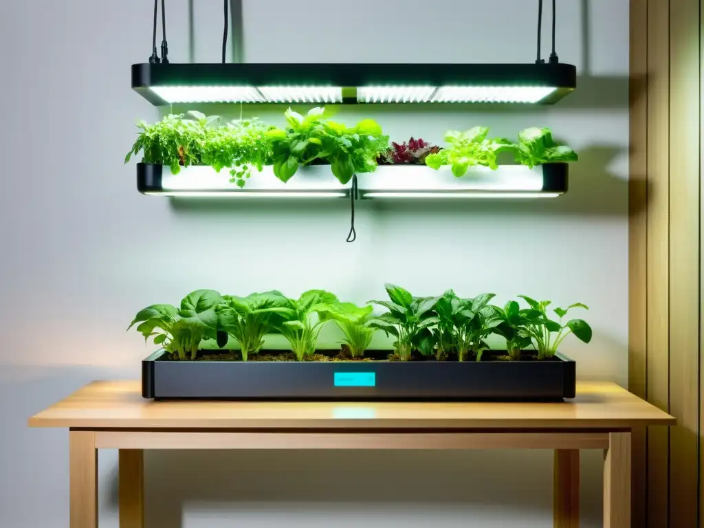 Sistema hidropónico interior de diseño moderno con verduras vibrantes Cultivo de verduras en interiores: sistema hidropónico moderno con vegetales vibrantes en un espacio minimalista y elegante, iluminado por LED suave