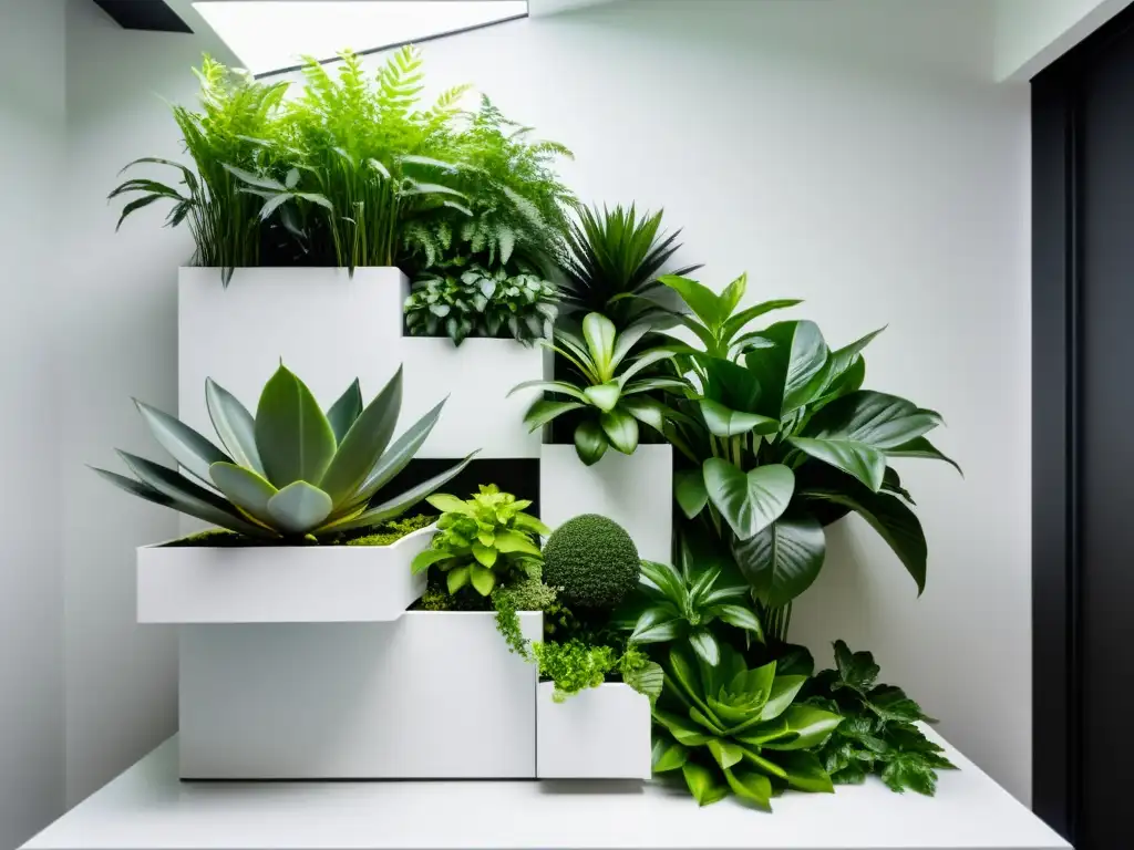 Cultivo vertical de plantas interior: Jardín vertical moderno con plantas exuberantes en patrones geométricos, elegante y sofisticado