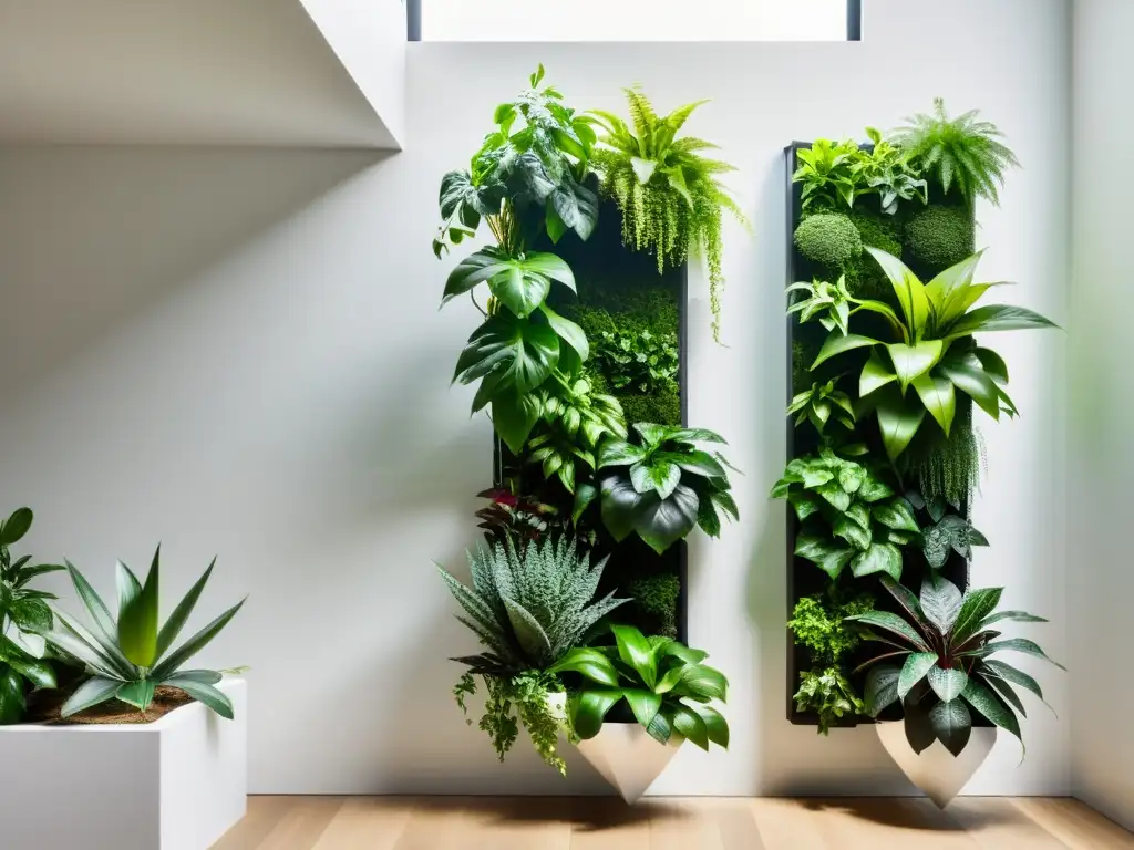 Cultivo vertical de plantas de interior en jardín minimalista con plantas verdes exuberantes en macetas geométricas, bañadas por luz natural