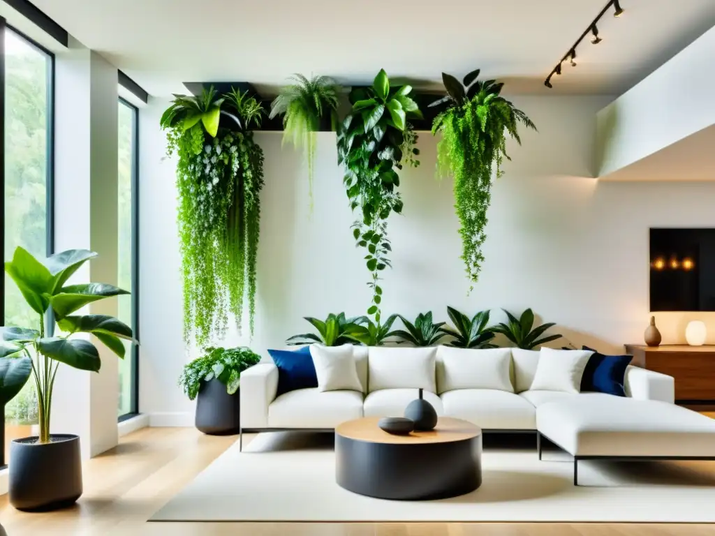 Cultivo vertical de plantas de interior en un elegante salón blanco, creando un oasis interior con una atmósfera serena y acogedora