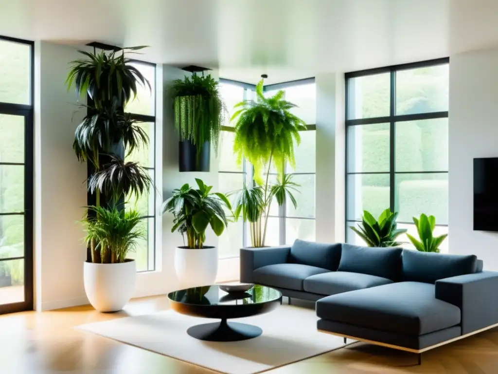 Cultivo vertical de plantas de interior en un salón moderno y luminoso, lleno de vida y serenidad