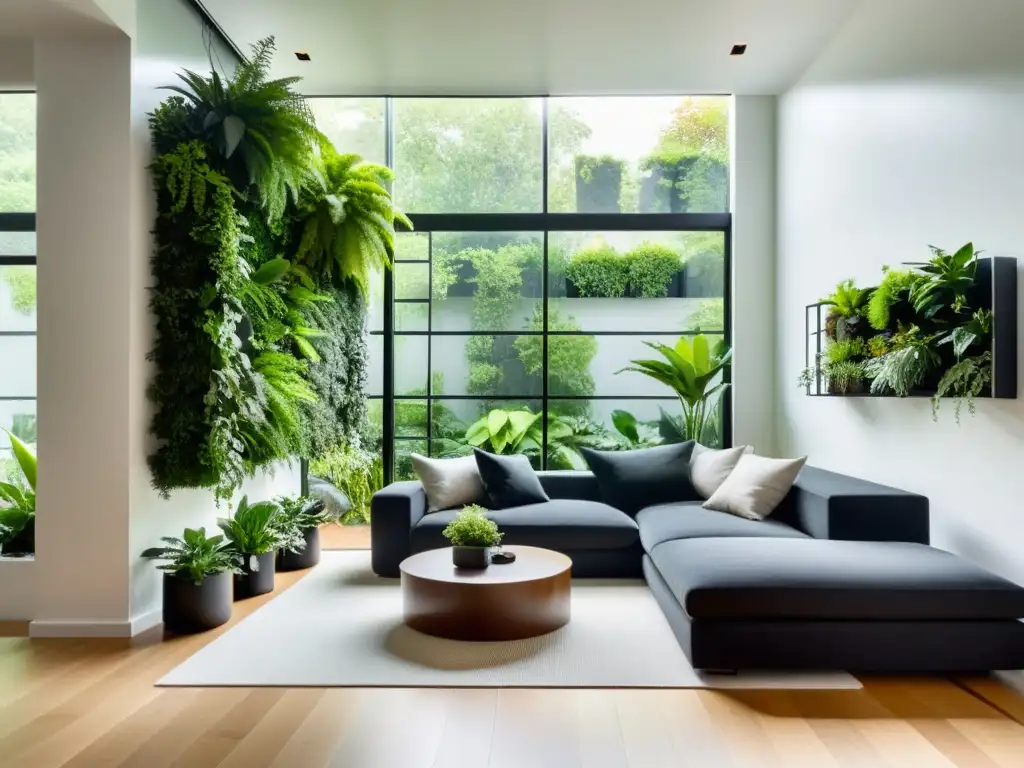 Cultivo vertical de plantas interior en un salón minimalista con ventanales de piso a techo, creando un ambiente sereno y armonioso