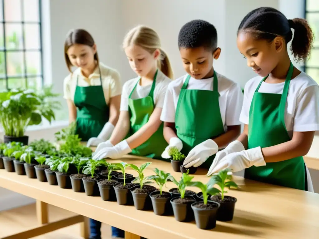 Cursos de jardinería de interior para niños: Niños cuidando plantas en un aula luminosa y minimalista, creando un ambiente educativo y de cuidado