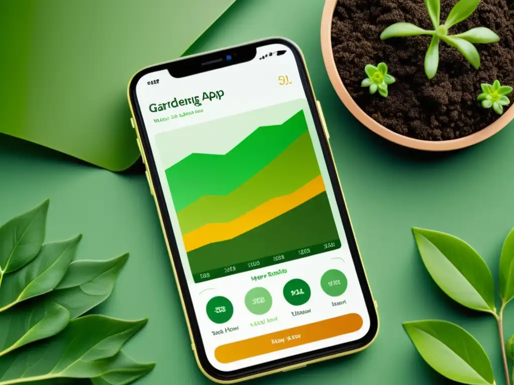 Interpretación de datos de aplicaciones de jardinería en pantalla de smartphone con diseño minimalista y tonos verdes vibrantes