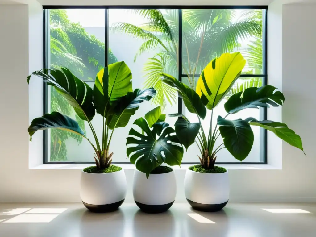 Una decoración tropical con anturios y filodendros en un interior minimalista y luminoso