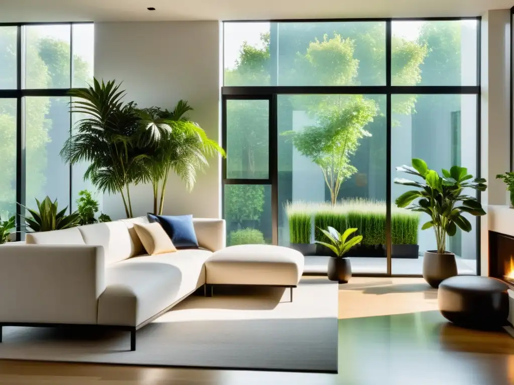 Fotografía decorativa de un moderno salón con plantas de interior vibrantes, minimalista y luminoso