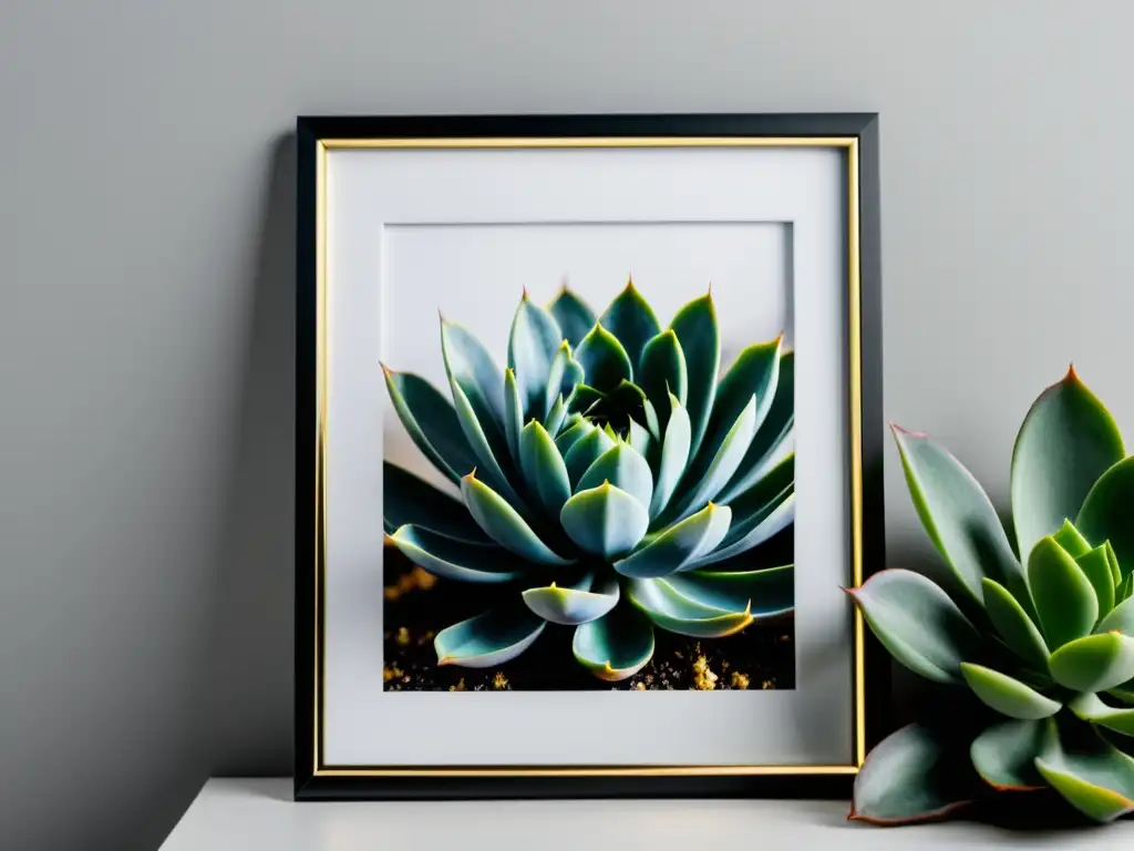 Fotografía decorativa de plantas de interior: elegante marco negro con borde dorado, en pared blanca, con imagen de suculenta en luz natural