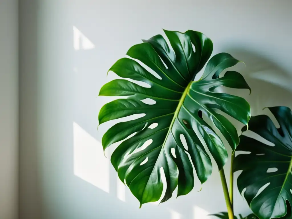 Una fotografía decorativa de plantas de interior: una exuberante y detallada imagen de una planta de monstera, con hojas intrincadamente patrónadas desplegándose contra un fondo de paredes blancas y decoración minimalista