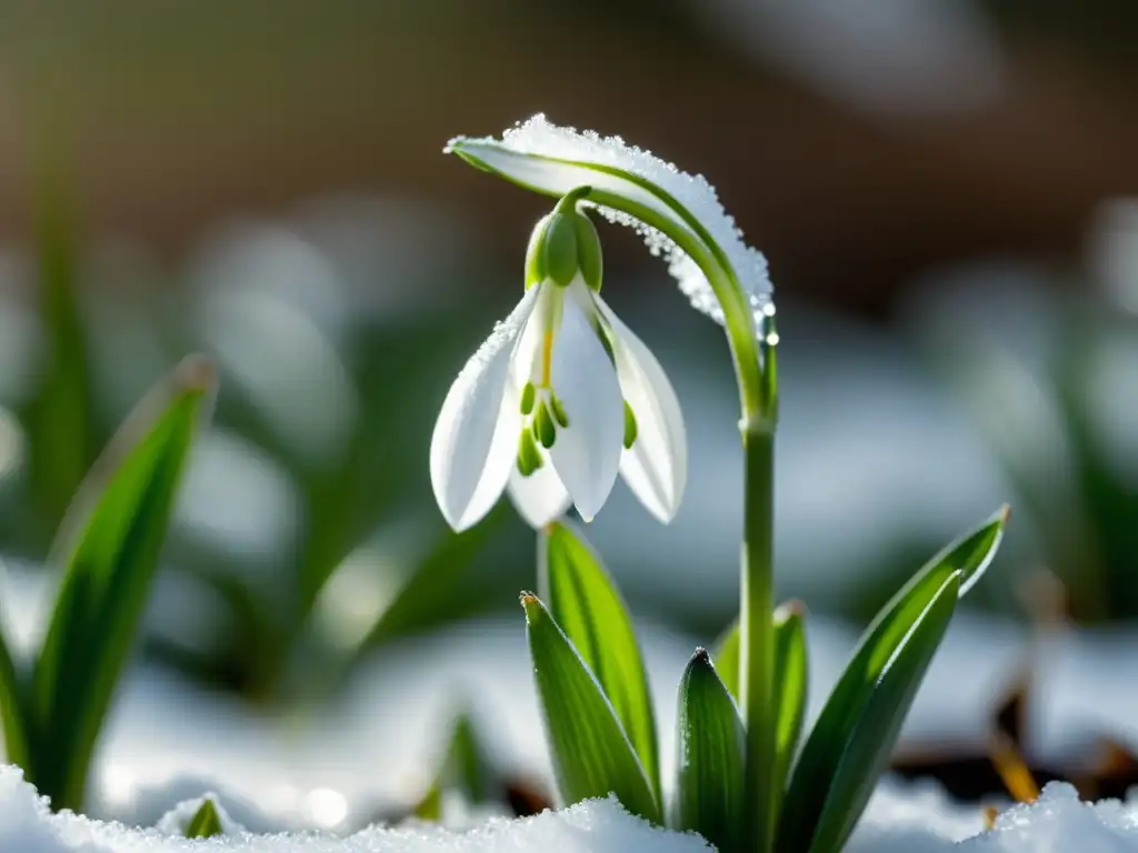 'Una delicada flor de campanilla emerge de la nieve con gotas de agua, iluminada por suave luz natural