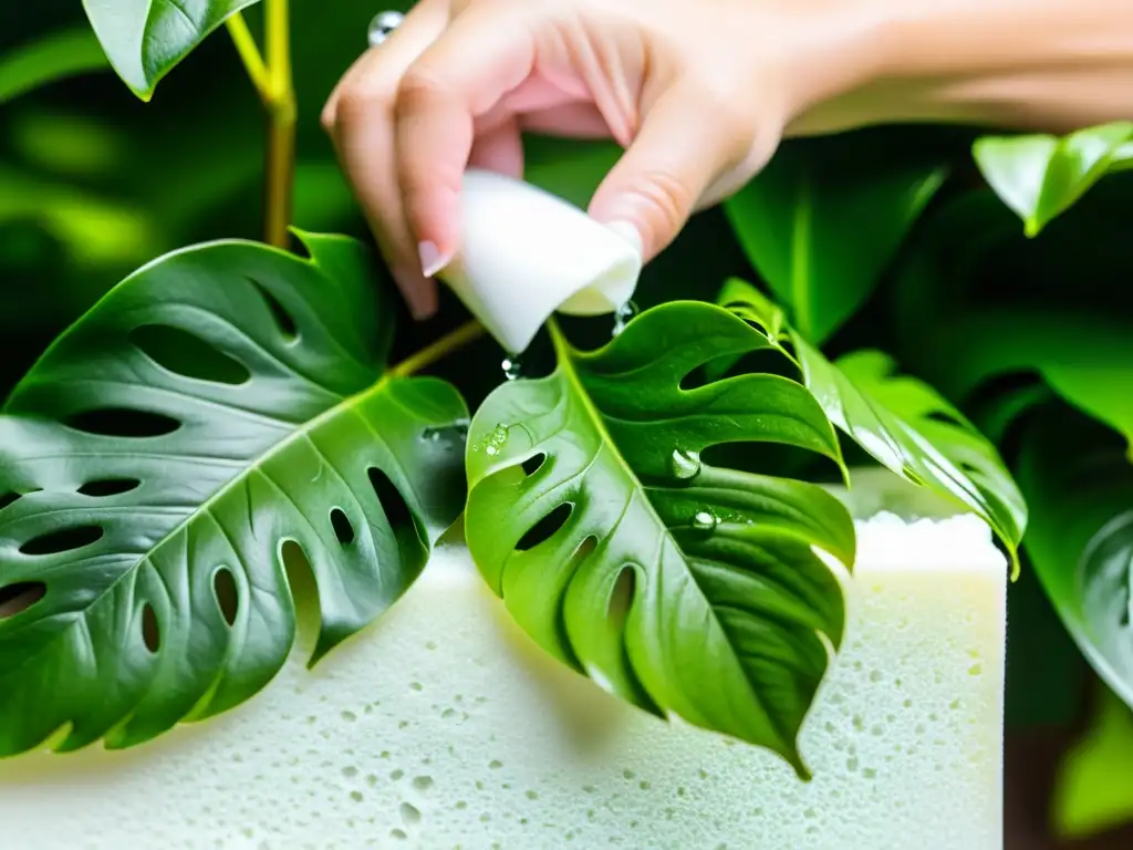 Delicada propagación de Philodendrons en espuma floral, con hojas verdes vibrantes y cuidadosas manos de jardinero