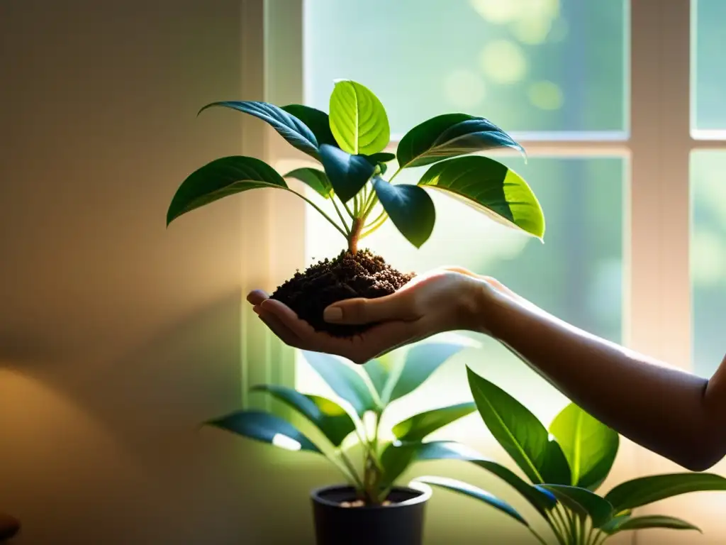 Delicada poda de plantas de interior bajo la luz del sol, creando armonía y cuidado