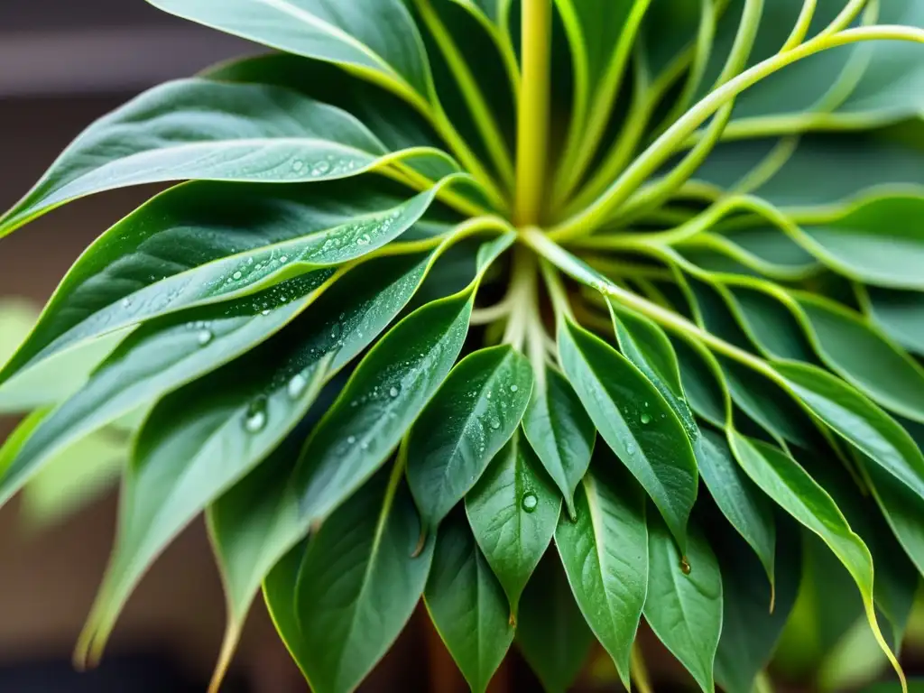 Las delicadas raíces de una planta de interior, vibrantes y saludables, con gotas de agua