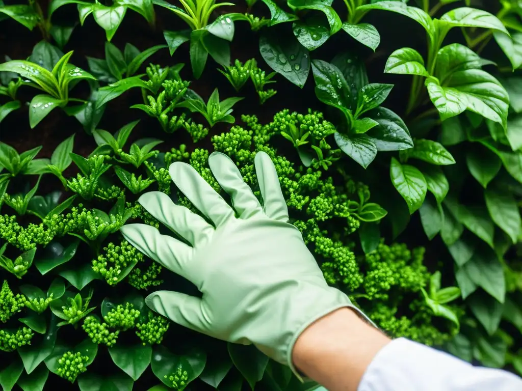 Con delicadeza, se podan las exuberantes plantas de un jardín vertical