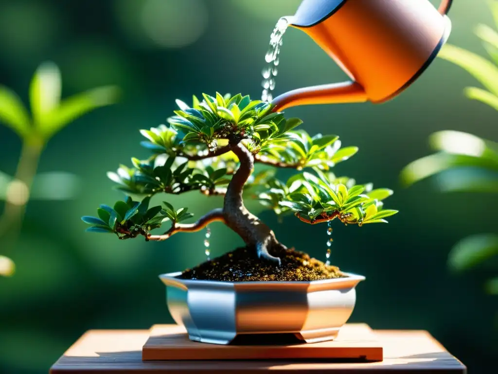 Un delicado bonsái es regado con agua cristalina, resaltando la calidad del agua para Bonsái en un ambiente tranquilo y cuidadoso