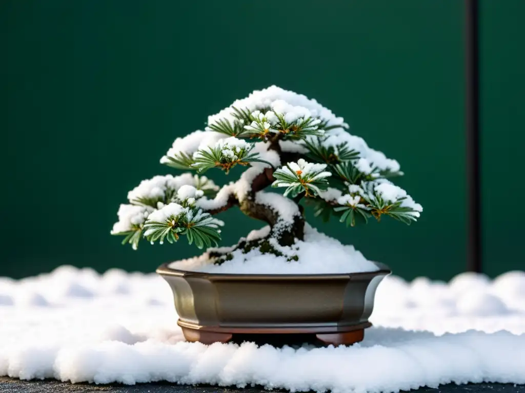 Un delicado bonsái cubierto de nieve, resplandeciendo en la suave luz invernal