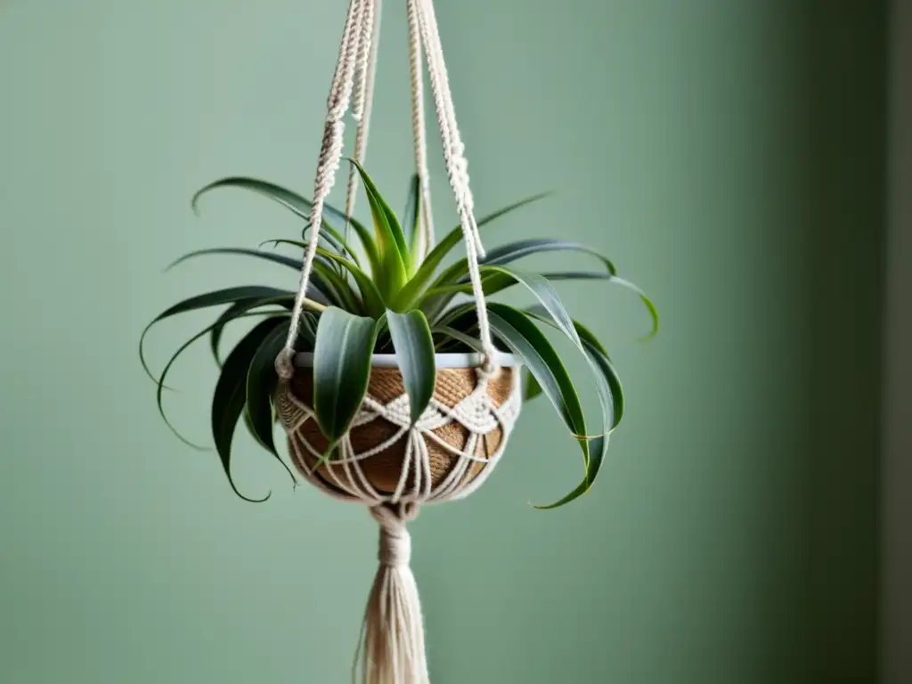 Un delicado y elegante macramé para plantas aéreas, con nudos intrincados y un diseño minimalista