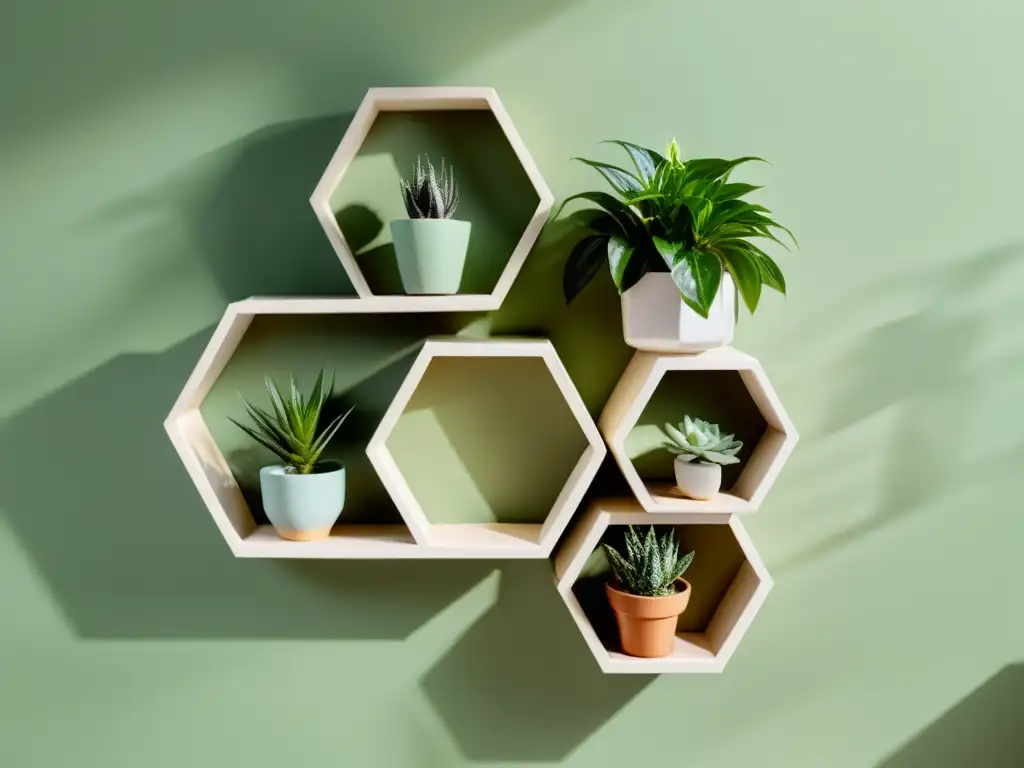 Un delicado estante hexagonal blanco con una variedad de plantas en macetas de cerámica en una pared de tonos suaves