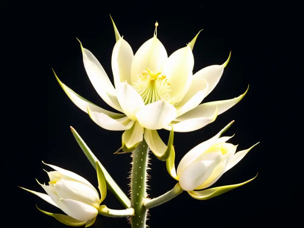 Delicado cactus de noche con flores blancas desplegándose en un ambiente misterioso y encantador