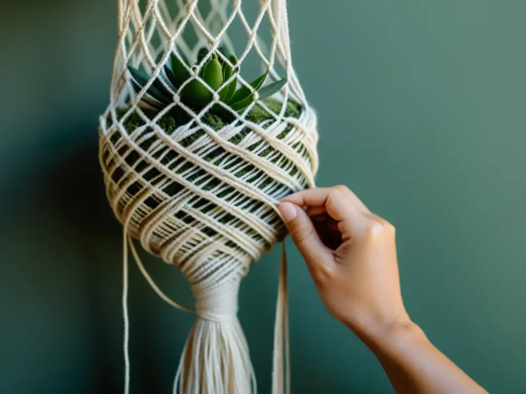 Un delicado tejido de macramé en tonos naturales se entrelaza con precisión artesanal para crear un elegante colgador de plantas aéreas