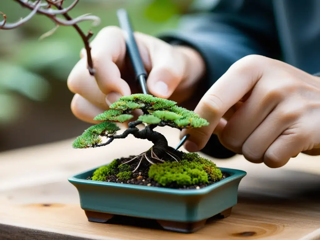 Con precisión y destreza, un artista de bonsái esculpe la forma ideal del árbol bonsái, guiando con cuidado las ramas mediante el cableado