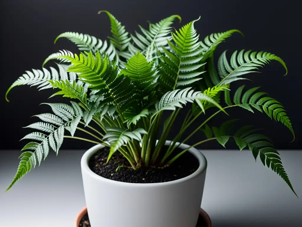 Una fotografía detallada en blanco y negro de una elegante planta de interior en una maceta, con patrones de luz y sombra