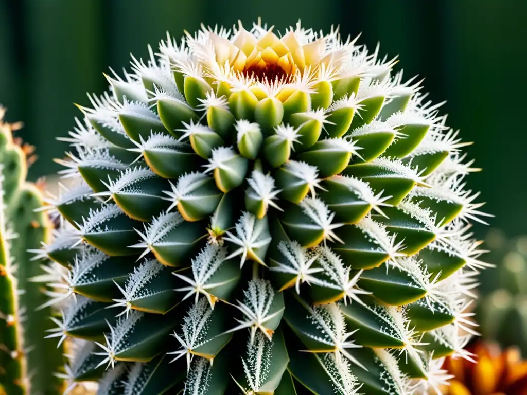 Detallada fotografía de un cactus exótico en invierno, resaltando su resistencia al frío y sus intrincados patrones